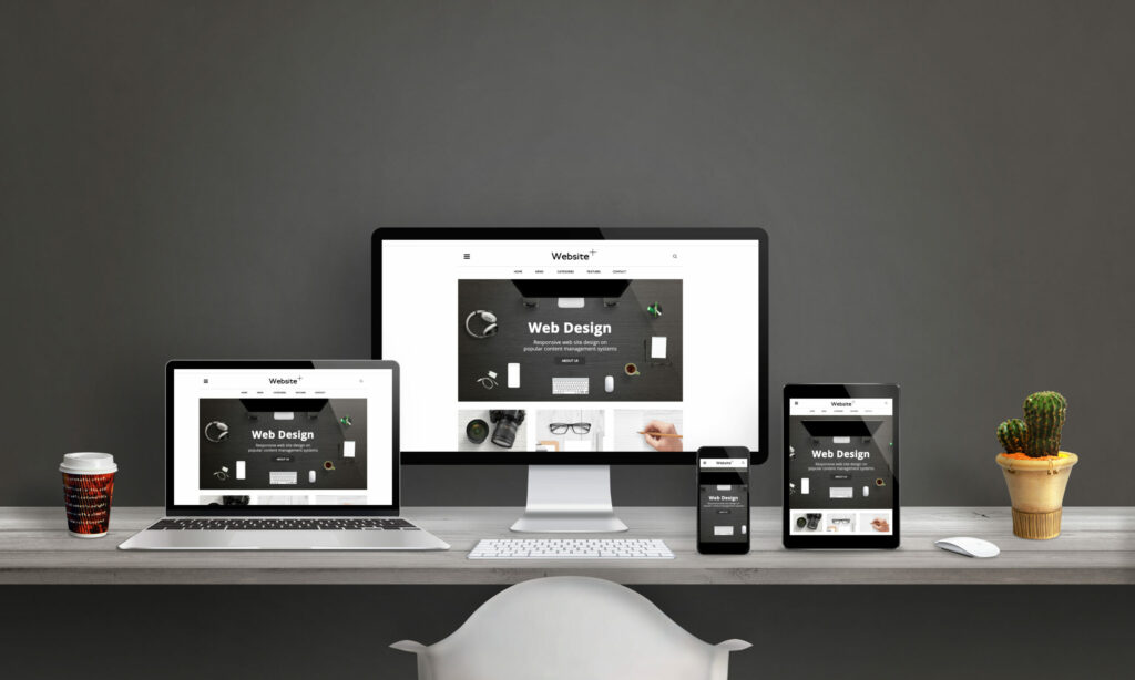 A combination of technology display web design templates on their screens.
