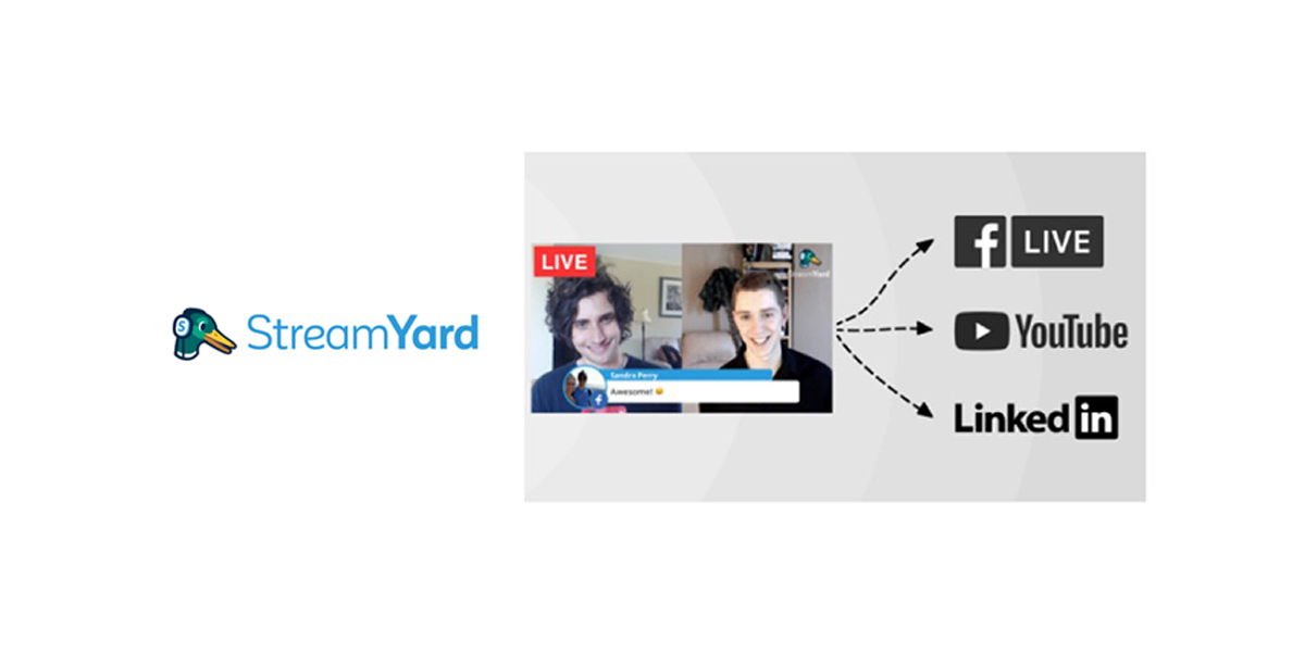 The StreamYard logo is next to a Video Screen that shows a LIVE Video that broadcasts to Facebook LIVE, Youtube LIVE and Linked