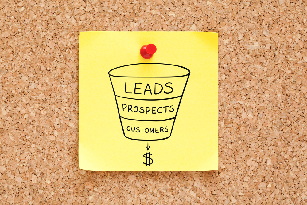 A sticky note on a corkboard displays a sales funnel drawing labeled “leads, prospects, and customers,” with a dollar sign.