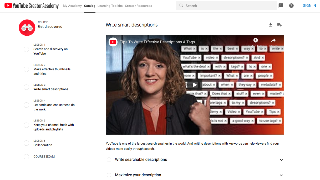 A screen from YouTube’s Creator Academy shows videos aiding marketers in setting up optimized descriptions, tags, etc.