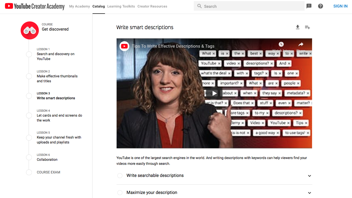 A screen from YouTube's Creator Academy shows videos aiding marketers in setting up optimized descriptions, tags, etc.