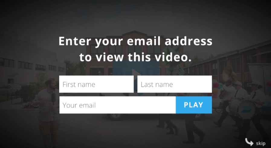 An opt-in screen shows where video viewers would enter their name and email to be able to continue watching.
