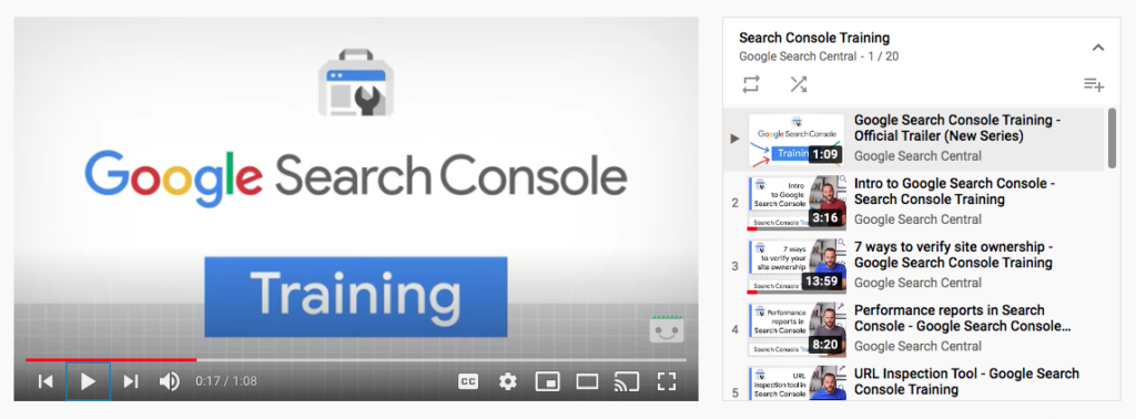 A screenshot displays a YouTube screen with Google Search Console channel playing through training videos.