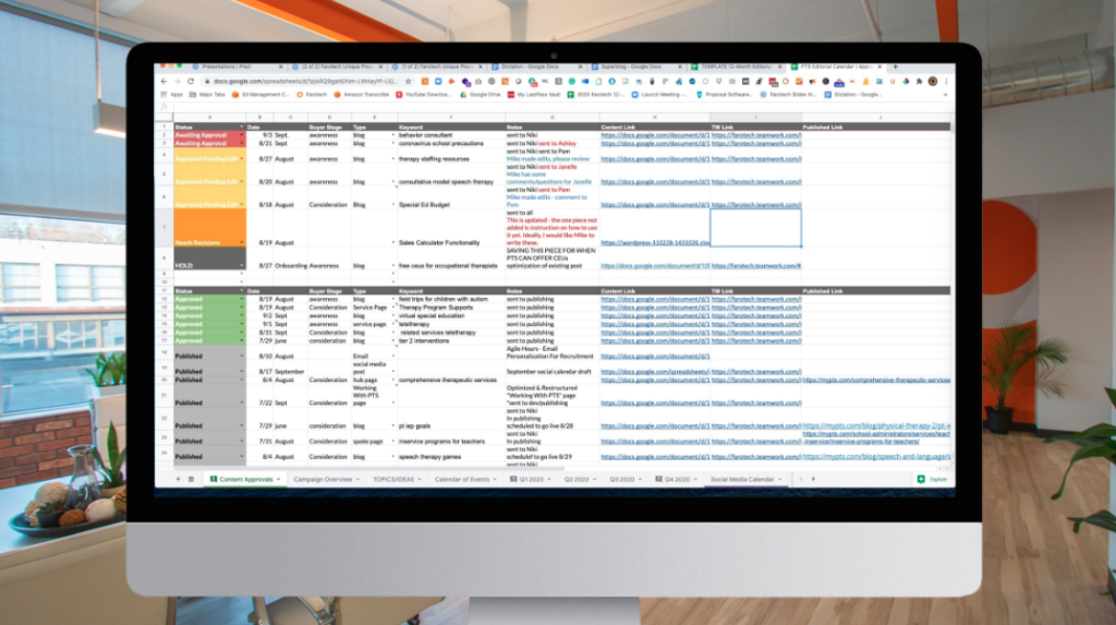 A computer screen displays a Google sheet containing an editorial calendar, full of content development plans.