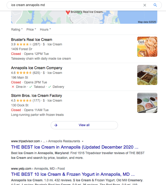  A local query opens a pin pack of Google search results for various ice cream shops in Annapolis, Maryland.