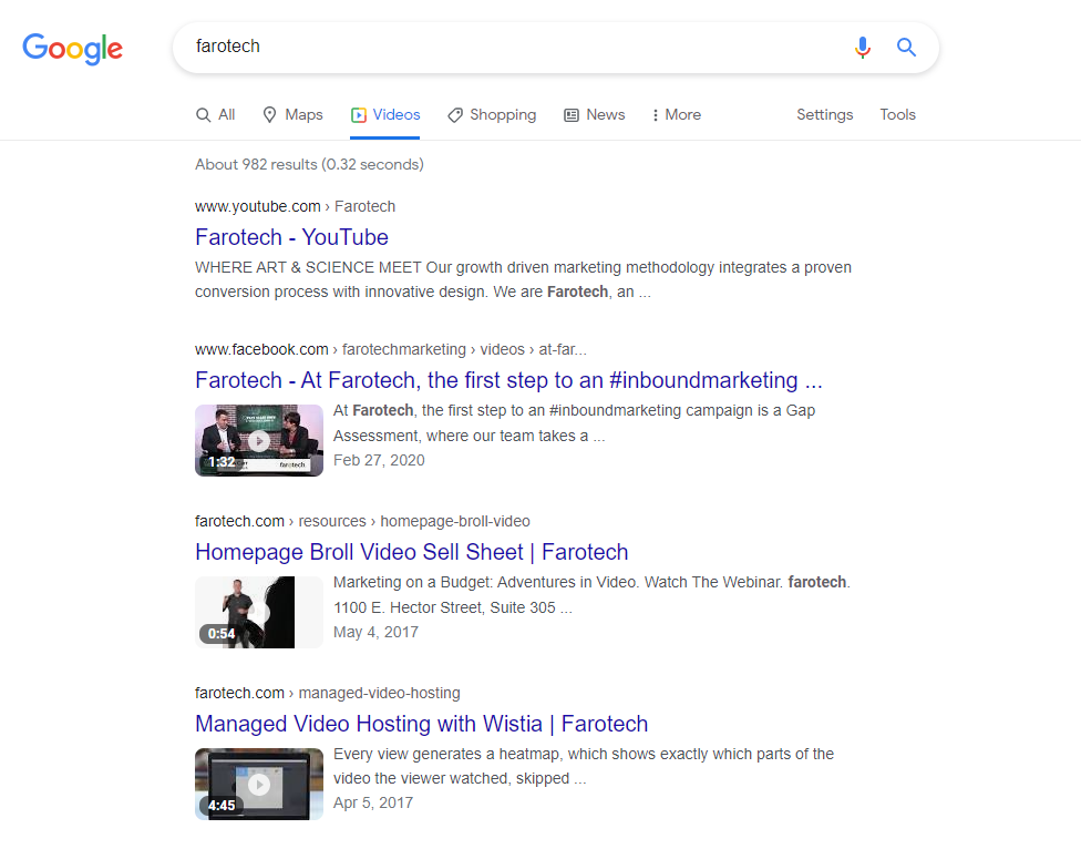 Screenshot of Google SERP for searching “Farotech.” Shows different Farotech videos that appear.