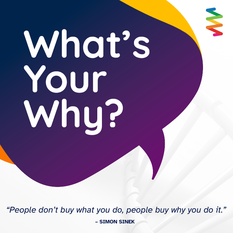 Purple and blue gradient dialogue bubble the reads “What’s Your Why?” and a Simon Sinek quote.