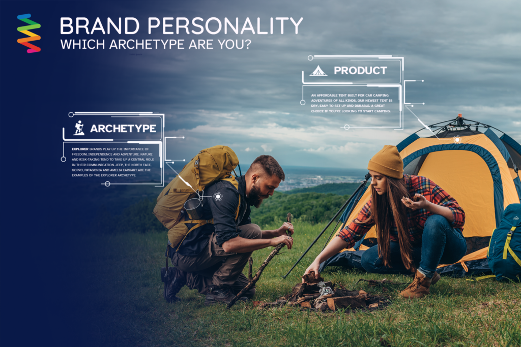 Two campers, a man and woman, outdoors setting up their tent and starting a fire, showing brand personality.