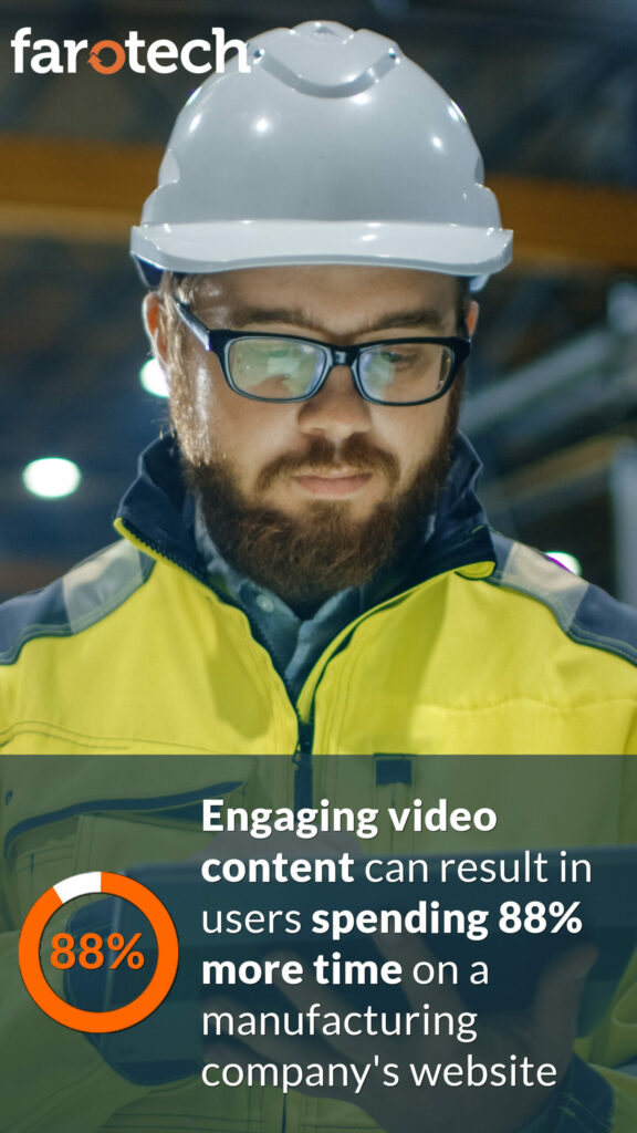 Man with a hard hat writing on a tablet with a statistic on the bottom about engaging video content