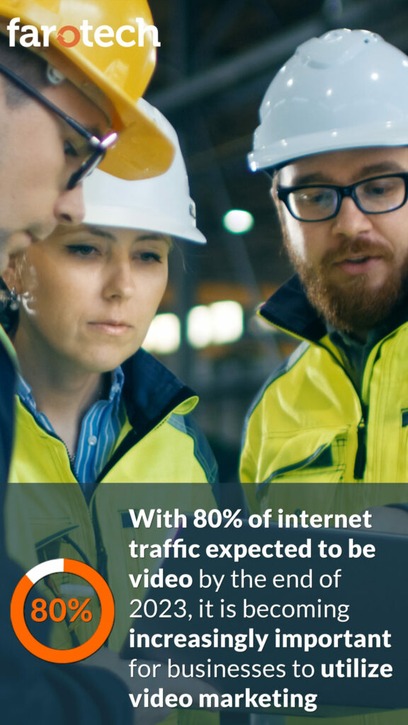 Three workers in hard hats, looking at a tablet screen. There is a statistic on the image showing the percentage of video in web traffic.