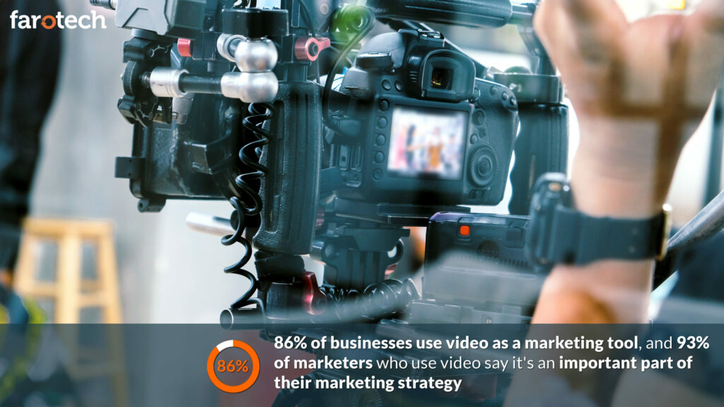Back of a camera with photography equipment and underneath is a statistic about using video as a marketing tool.