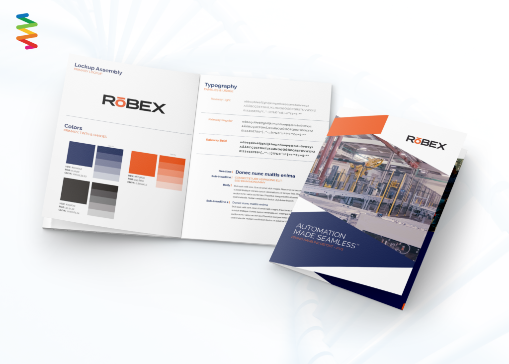 Mock-up of Robex, a manufacturing company, brand toolkit and guidelines for colors, logo lockup, and typography.