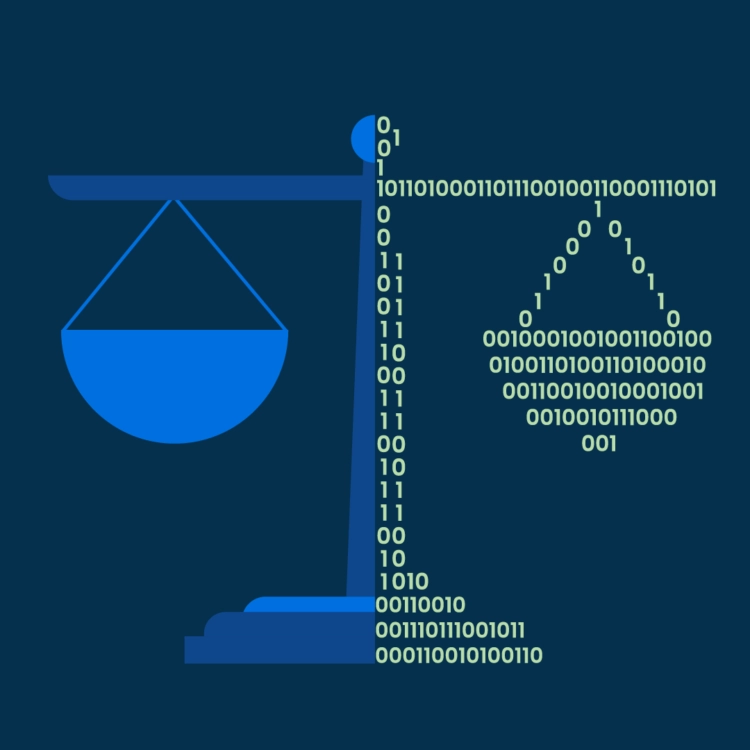 Graphic showing a legal scale with one half in binary code, illustrating AI ethics.