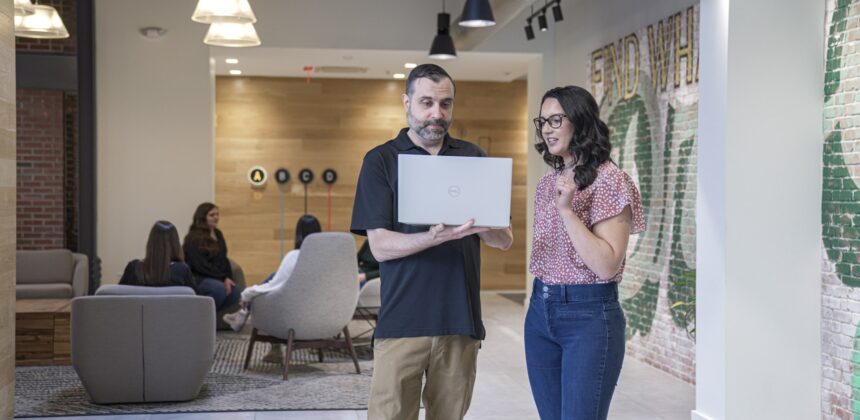 A team discusses corporate rebranding strategies.